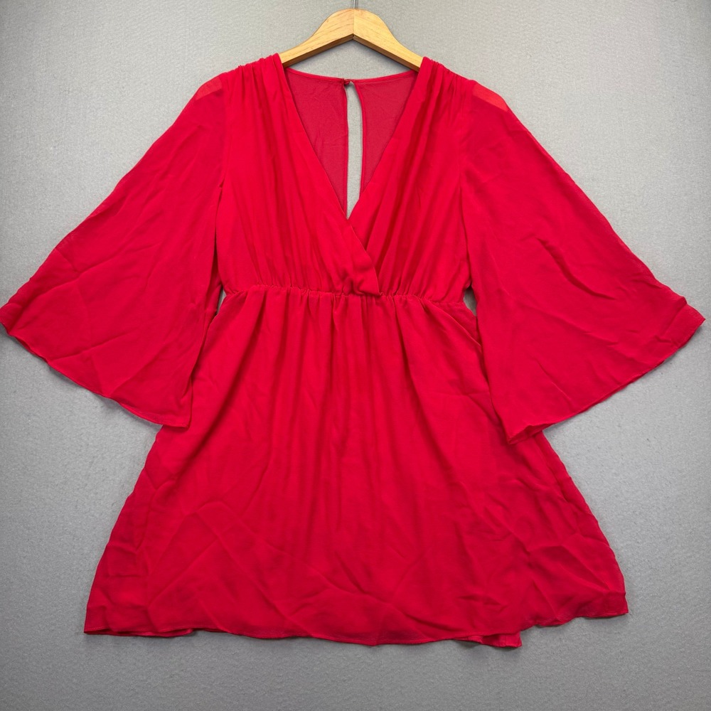 Alice + Olivia Red 100% Silk Bell Sleeve V-Neck Mini Dress C305530600